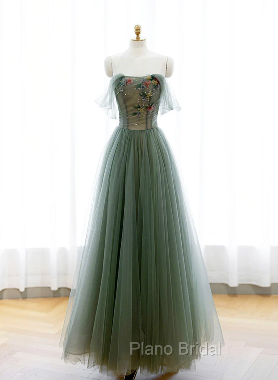 Green A-line Tulle with Lace Applique Long Formal Dresses, Green Formal Prom Dresses