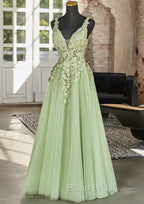 Green A-line V-neckline Tulle with Lace Long Party Dresses, Green Tulle Formal Prom Dresses