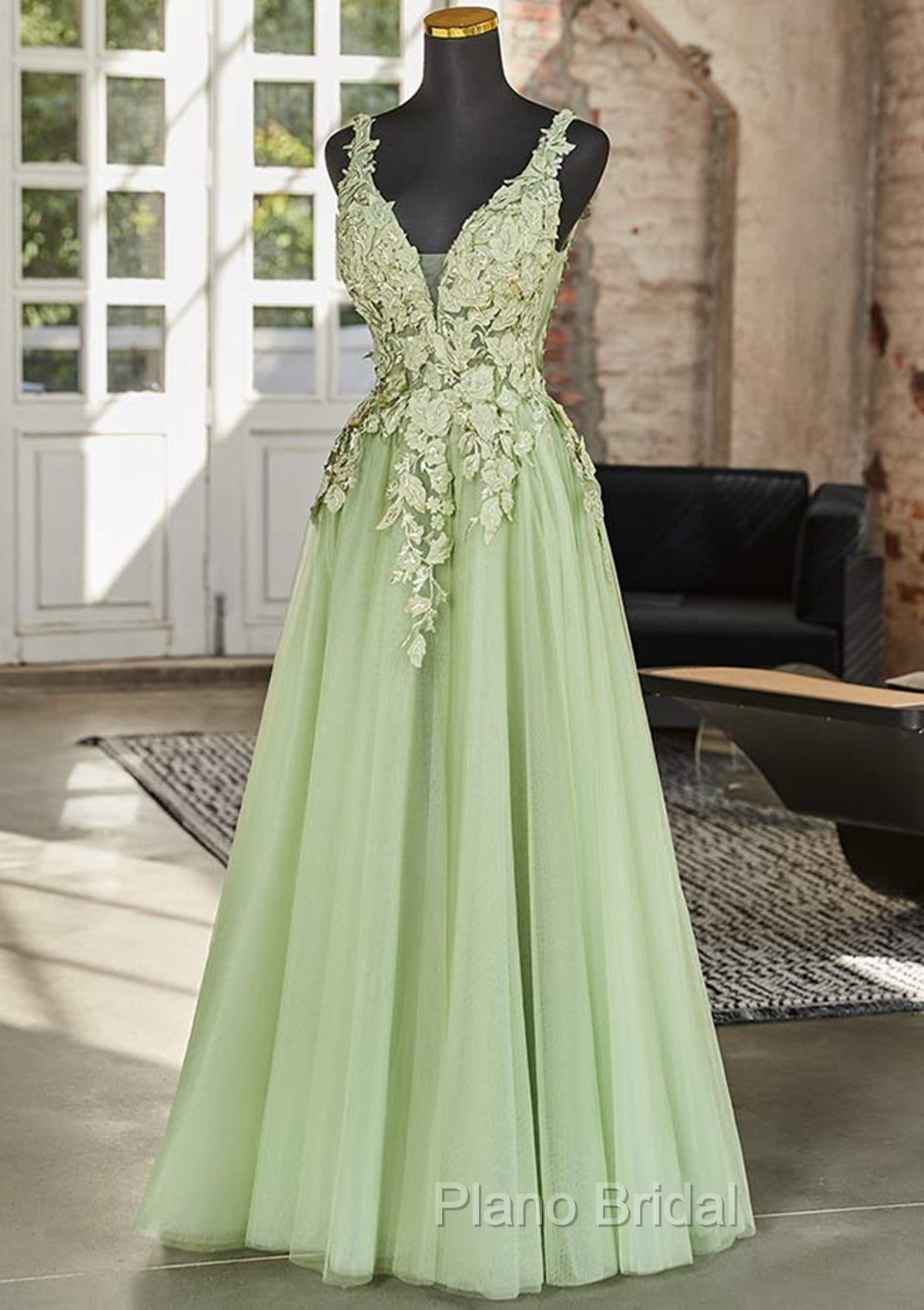 Green A-line V-neckline Tulle with Lace Long Party Dresses, Green Tulle Formal Prom Dresses