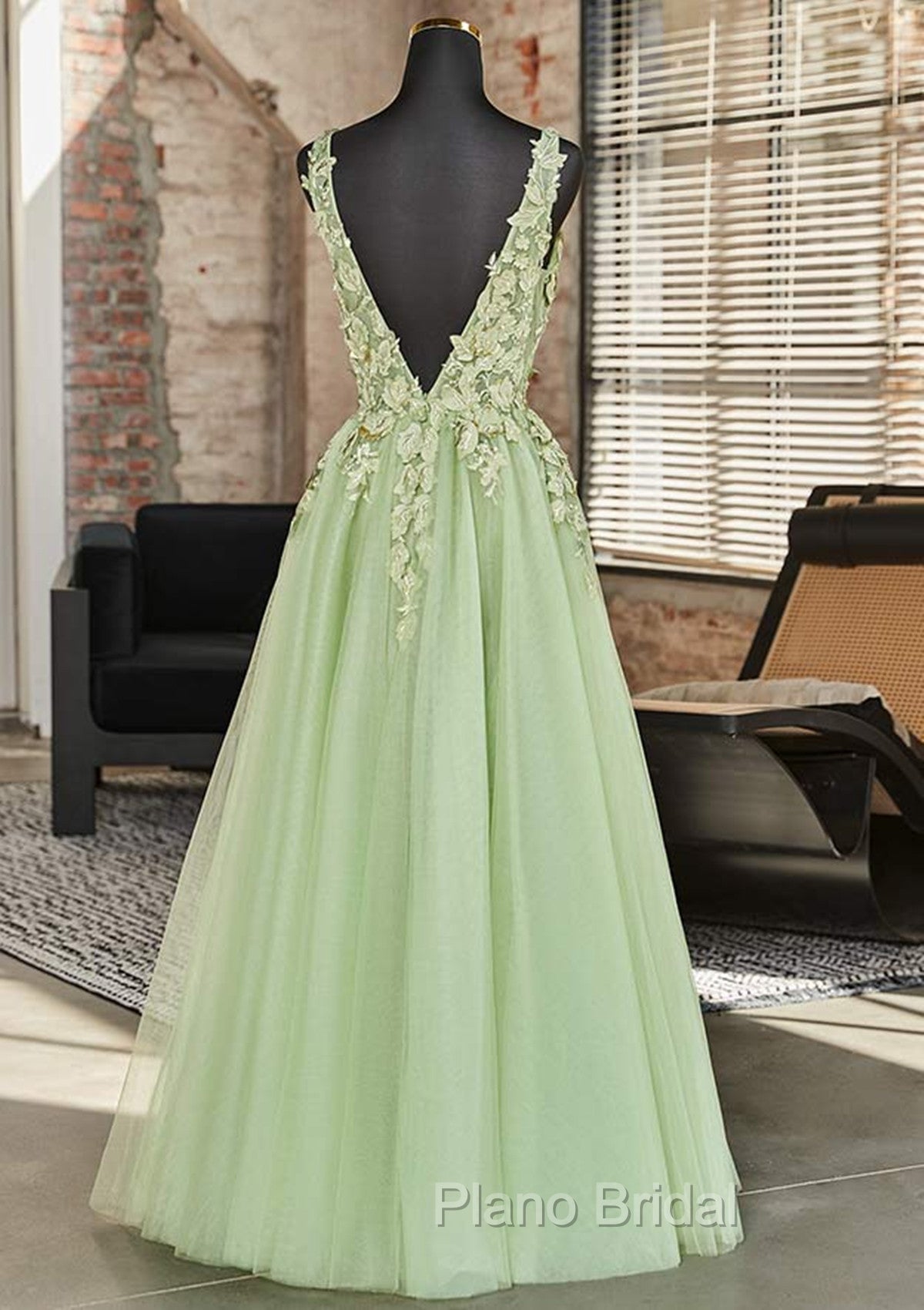 Green A-line V-neckline Tulle with Lace Long Party Dresses, Green Tulle Formal Prom Dresses