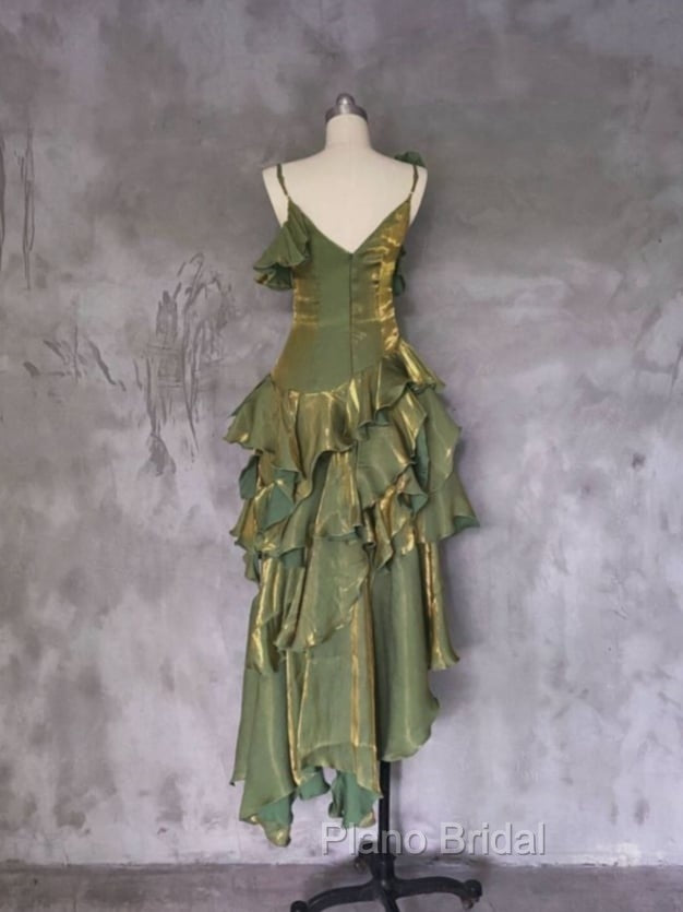 Green Asymmetrical Layered Flounce Spaghetti Strap Dresses Evening Gown