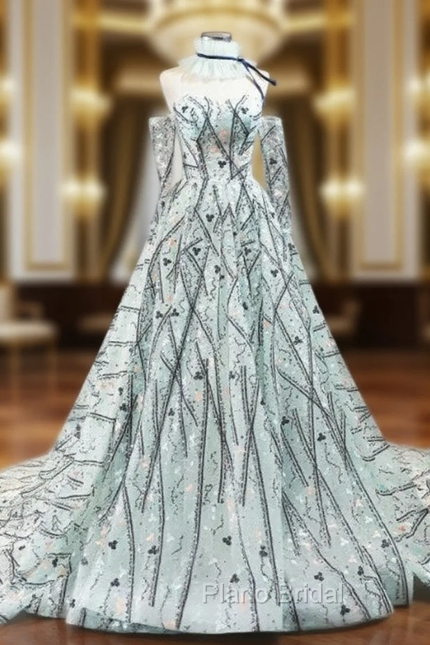 Green Ball Gown Sequins Sweetheart Long Sleeve Embroidery Formal Prom Dresses Main image