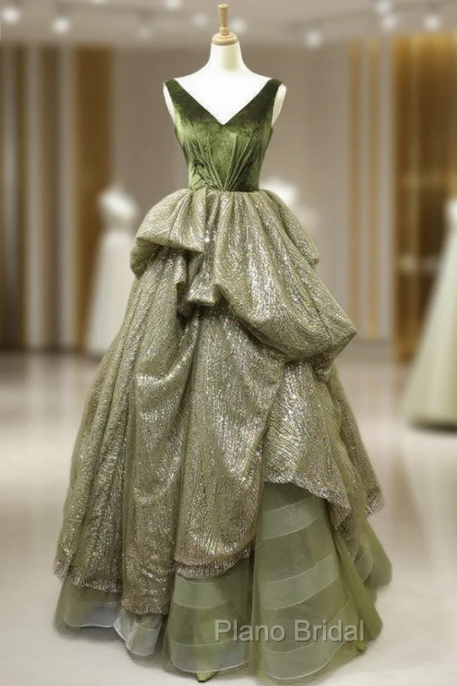 Green Ball Gown Sequins V-neck Backless Luxury Formal Prom Dresses