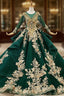Green Ball Gown Tulle Appliques Long Sleeve Backless Beading Wedding Dresses
