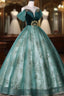 Green Ball Gown Tulle Beaded Off Shoulder Sweet 16 Dresses, Green Evening Gown