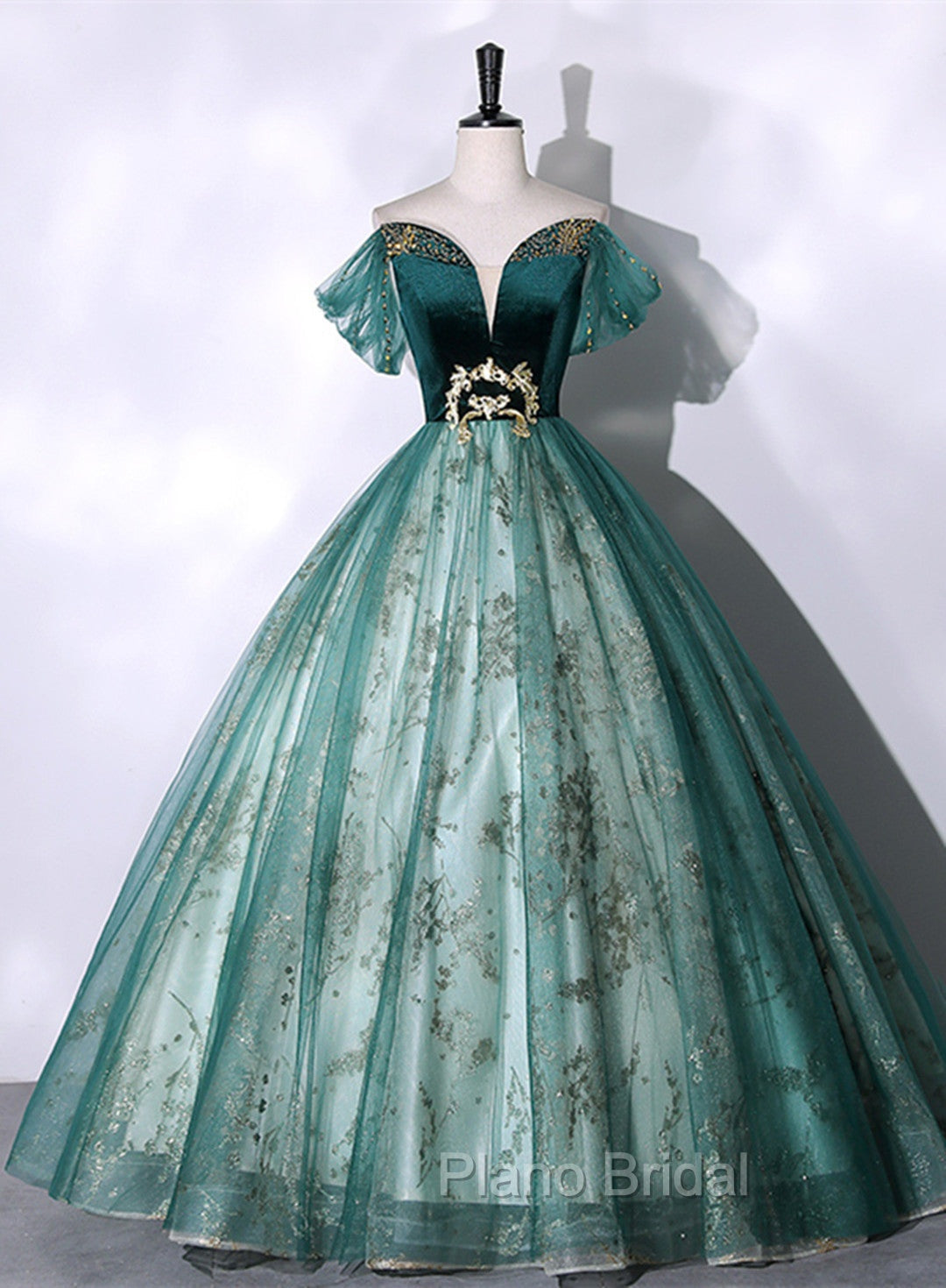 Green Ball Gown Tulle Beaded Off Shoulder Sweet 16 Dresses, Green Evening Gown Main image