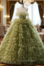 Green Ball Gown Tulle Feather Tiers Princess Dresses