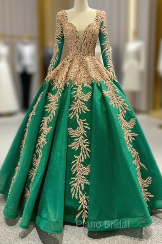 Green Ball Gown Tulle Gold Sequins Appliques V-neck Formal Prom Dresses Main image
