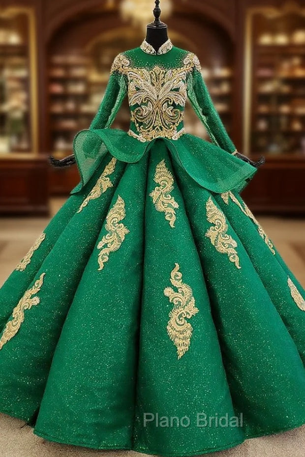 Green Ball Gown Tulle High Neck Long Sleeve Beading Crystal Wedding Dresses Main image