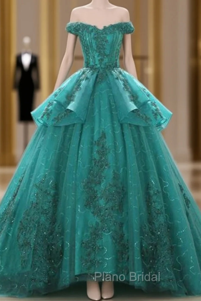 Green Ball Gown Tulle Lace Layered Off The Shoulder Quinceanera Dresses