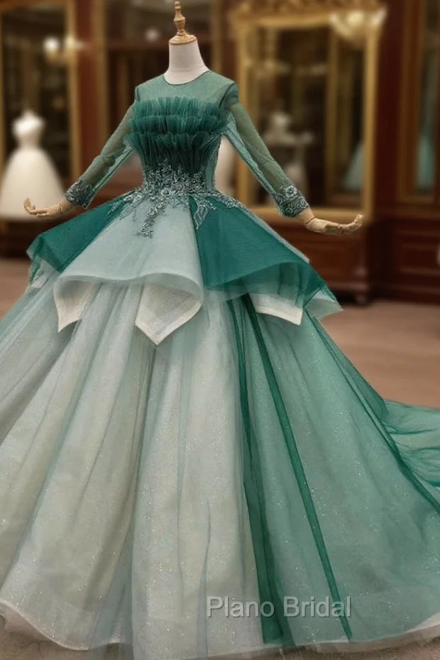 Green Ball Gown Tulle Long Sleeve Beading Wedding Dresses Main image