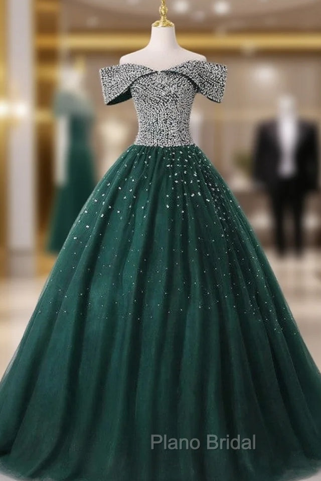 Green Ball Gown Tulle Off the Shoulder Beading Quinceanera Dresses Main image