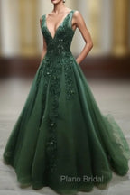 Green Beaded and Lace V-neckline Low Back Long Party Dresses, Green Evening Dresses Party Dresses