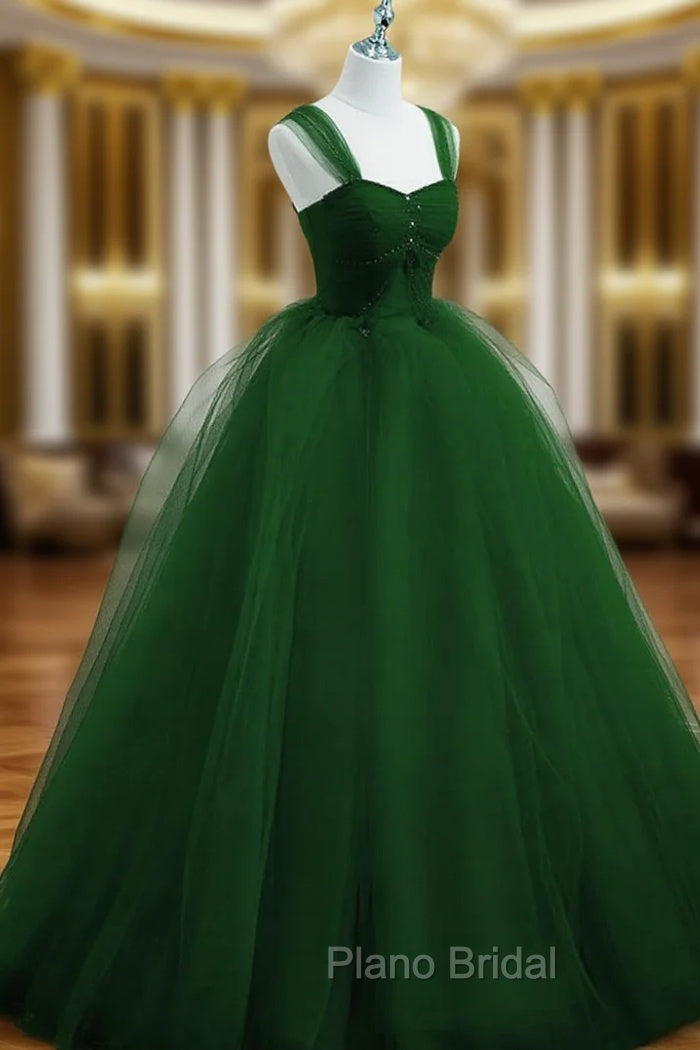 Green Beaded Tulle Off Shoulder Long Party Dresses, Green Tulle A-line Formal Prom Dresses