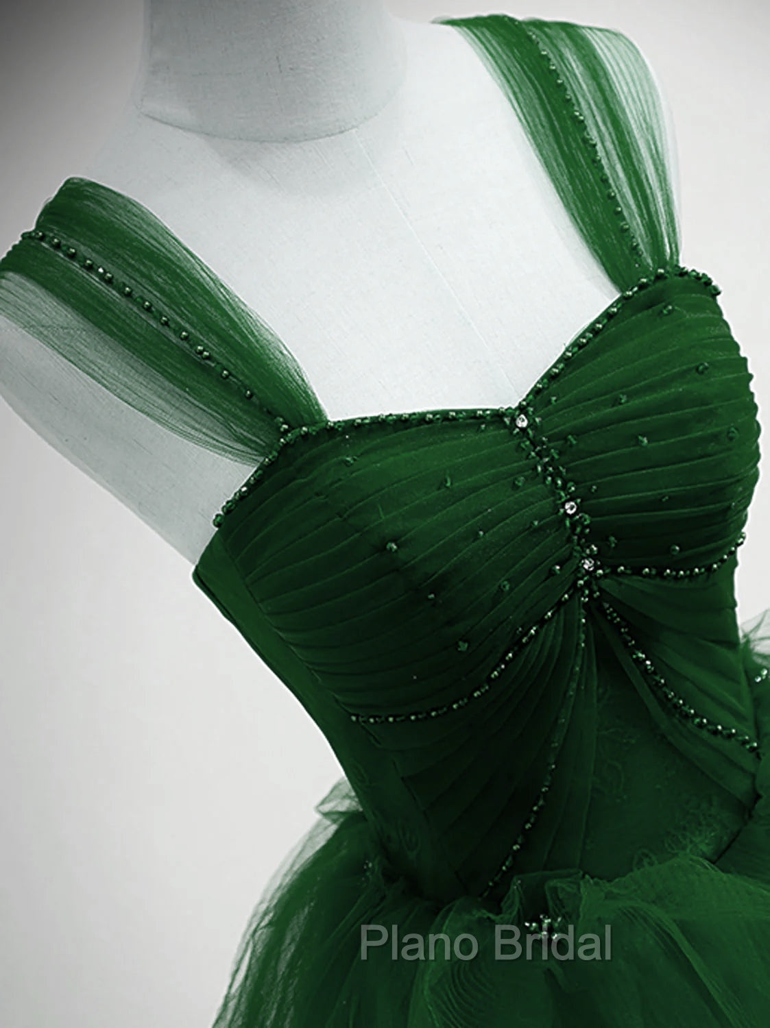 Green Beaded Tulle Off Shoulder Long Party Dresses, Green Tulle A-line Formal Prom Dresses