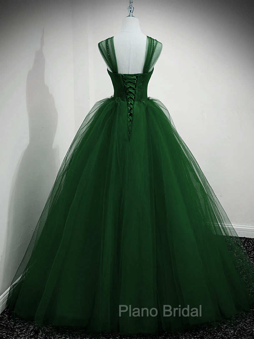 Green Beaded Tulle Off Shoulder Long Party Dresses, Green Tulle A-line Formal Prom Dresses