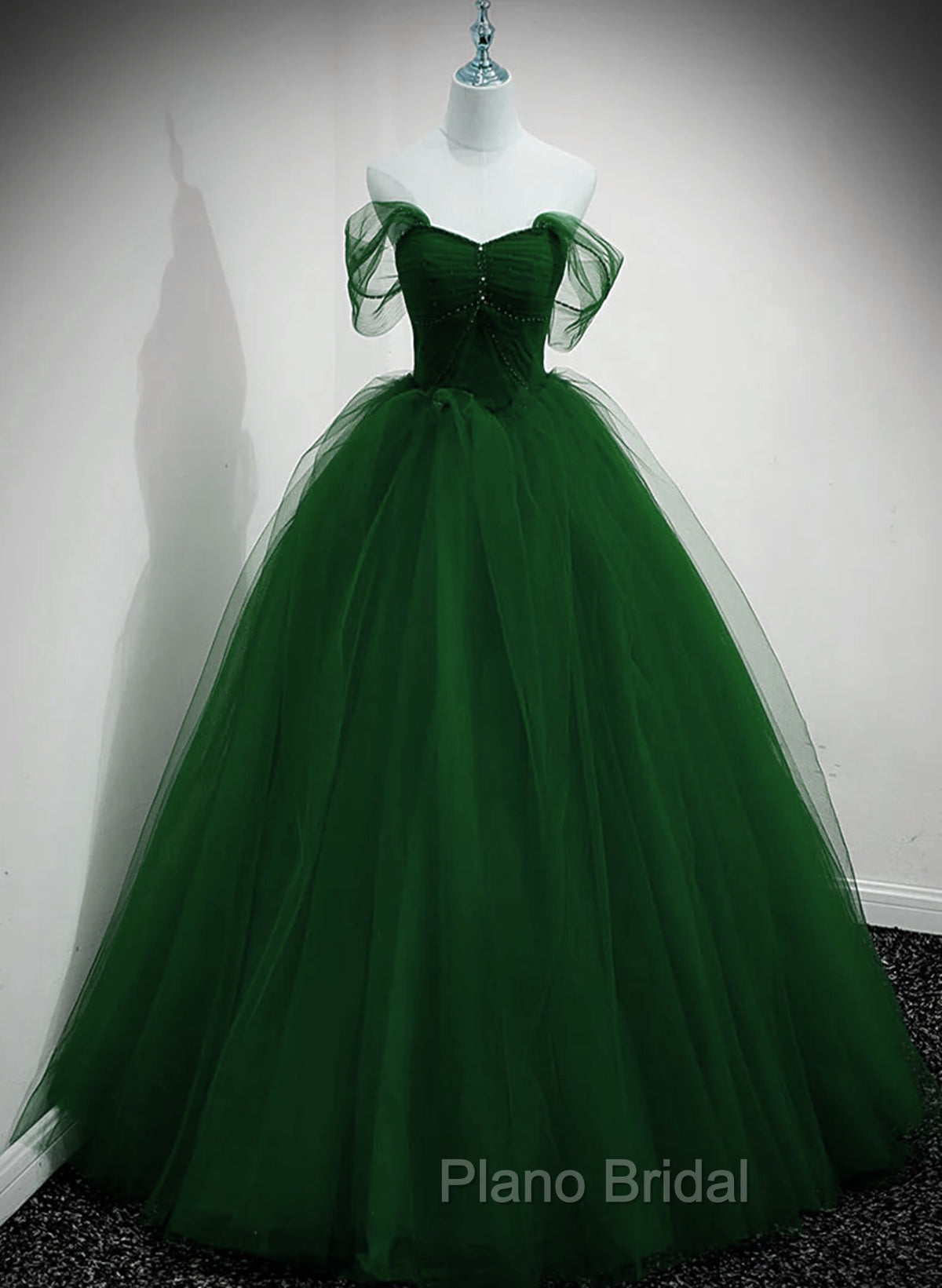 Green Beaded Tulle Off Shoulder Long Party Dresses, Green Tulle A-line Formal Prom Dresses Secondary image