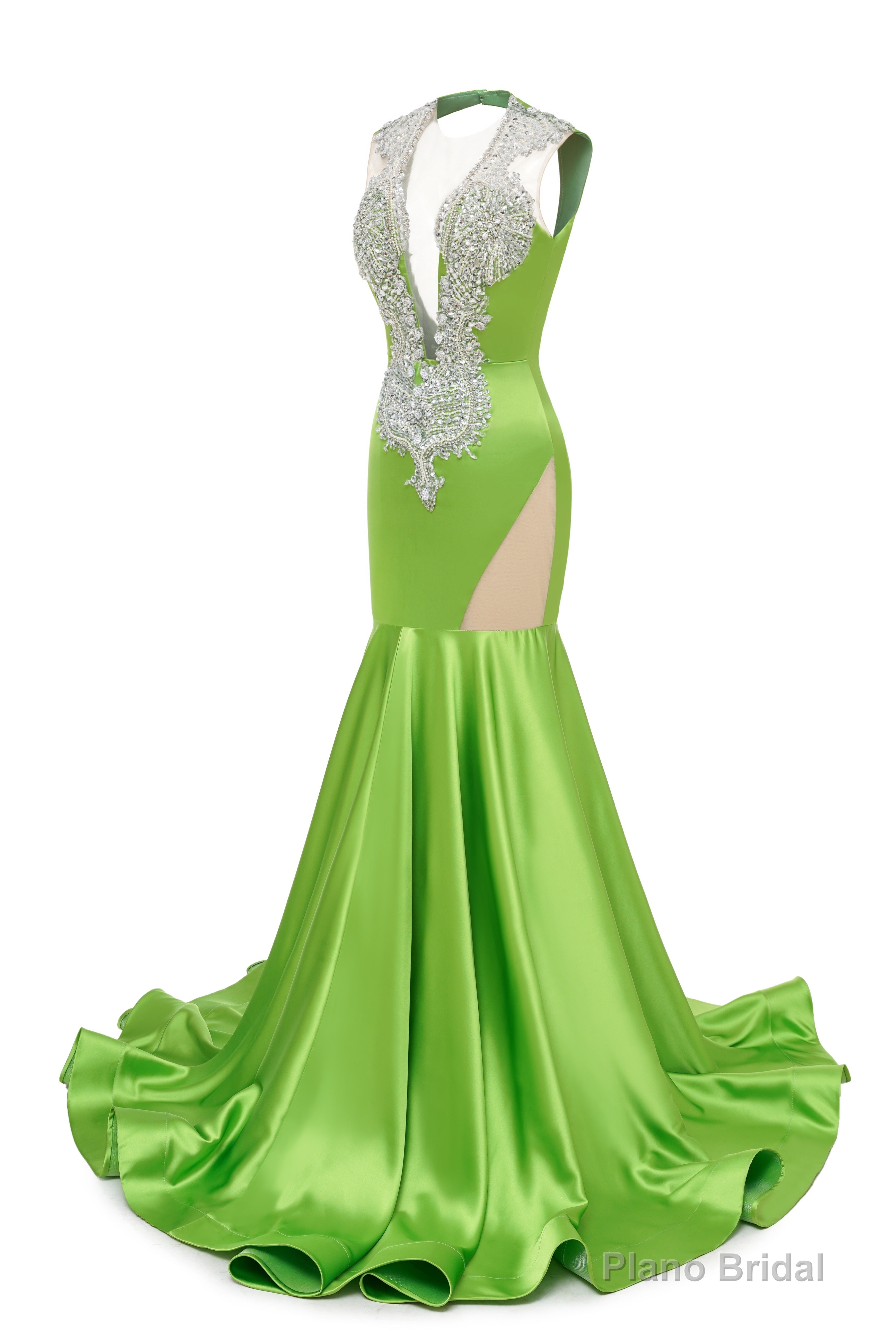 Green Deep V Neck Mermaid Satin Prom Dresses Sparkly Beaded Pageant Crystals Evening Formal Dresses Secondary image