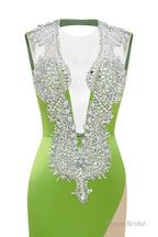 Green Deep V Neck Mermaid Satin Prom Dresses Sparkly Beaded Pageant Crystals Evening Formal Dresses
