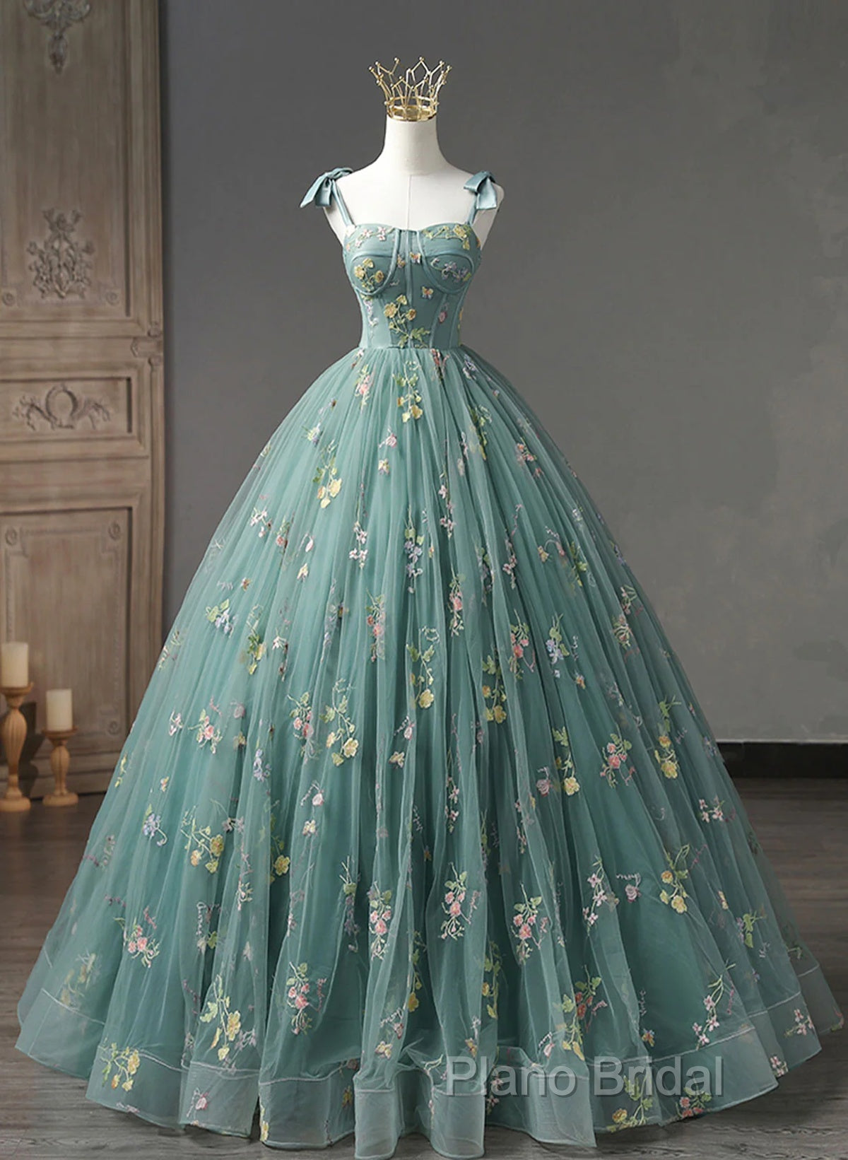 Green Floral Straps Sweetheart Long Party Dresses, Green Sweet 16 Dresses