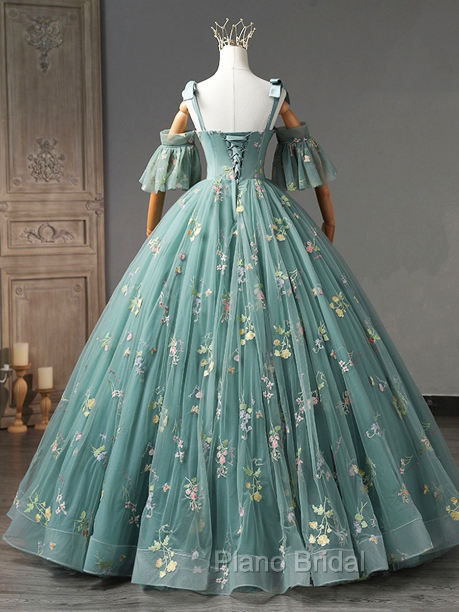 Green Floral Tulle Long Formal Prom Dresses Cute Off Shoulder Evening Party Dresses Beautiful