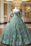 Green Floral Tulle Long Formal Prom Dresses Cute Off Shoulder Evening Party Dresses Beautiful