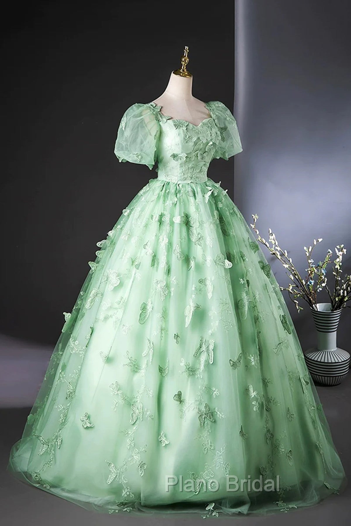 Green Flower Lace Long Formal Prom Dresses with Sleeves, Green Formal Dresses