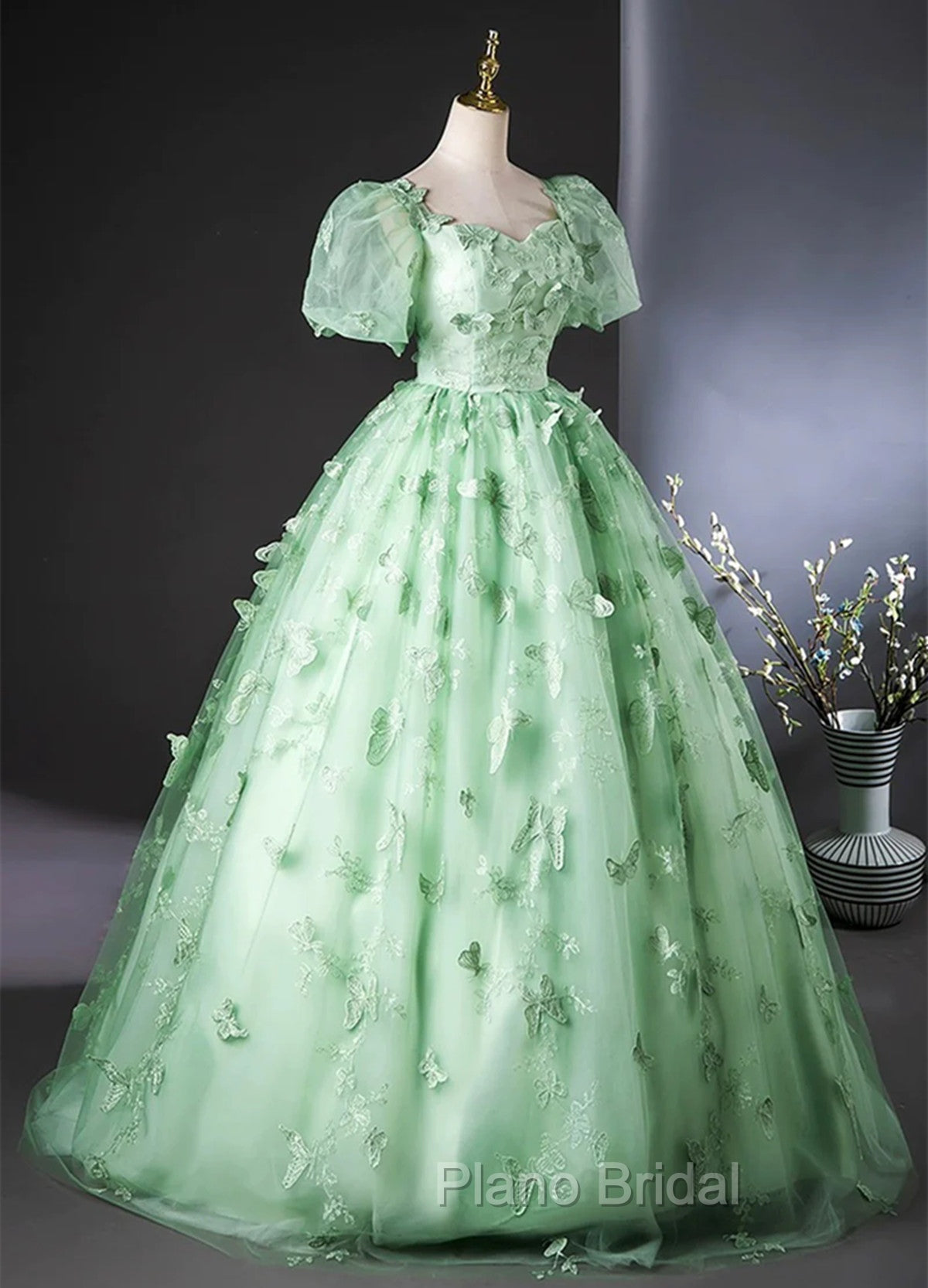 Green Flower Lace Long Formal Prom Dresses with Sleeves, Green Formal Dresses
