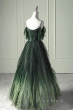 Green Gradient Tulle A-Line Long Formal Dresses, Green Beaded Straps Party Dresses Formal Prom Dresses