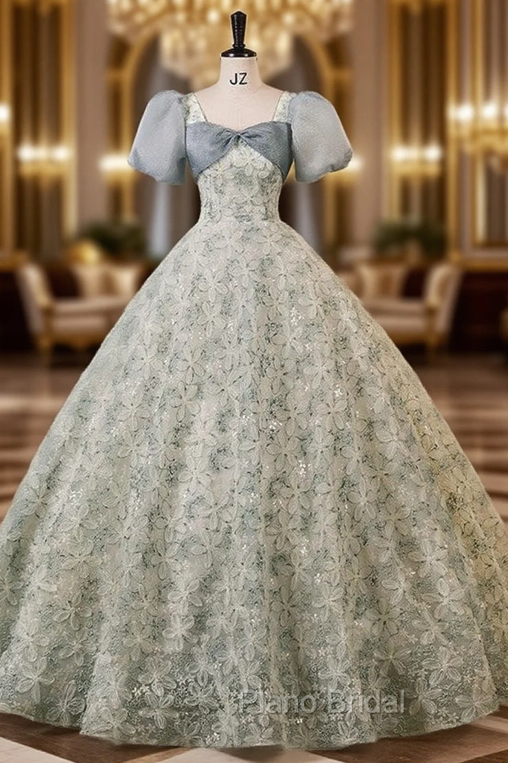 Green Gray Short Sleeve Lace Flower Quinceanera Dresses