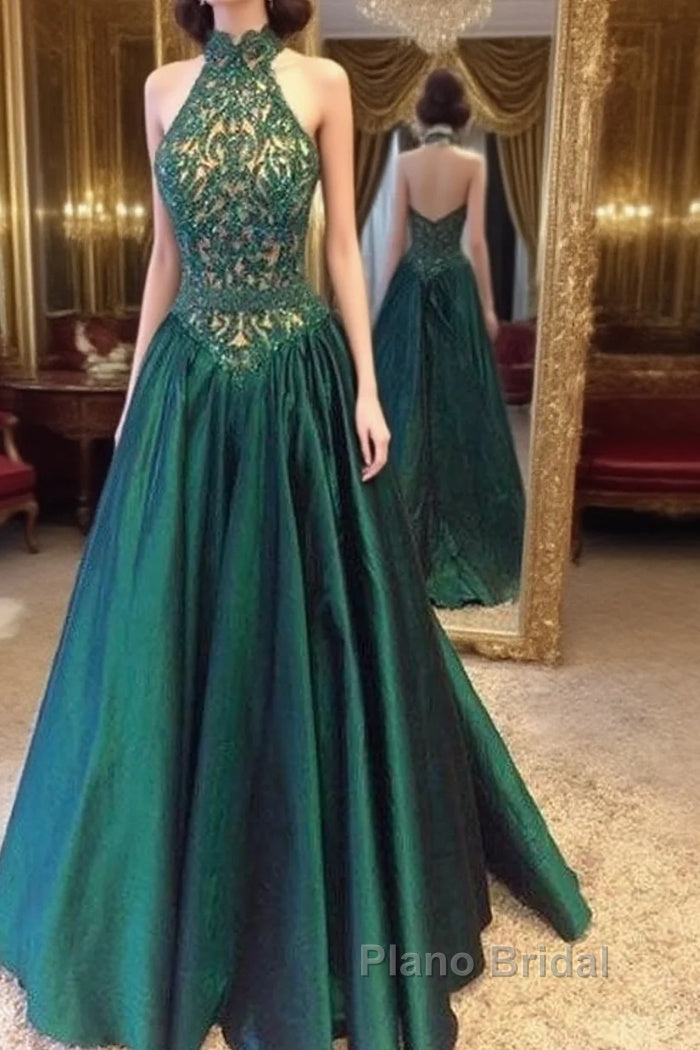 Green High Neck Long Formal Prom Dresses, Green Evening Dresses Main image