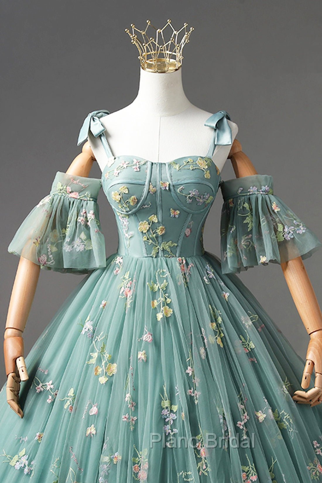 Green Lace Long A-Line Formal Dresses, Spaghetti Strap Evening Gown Secondary image