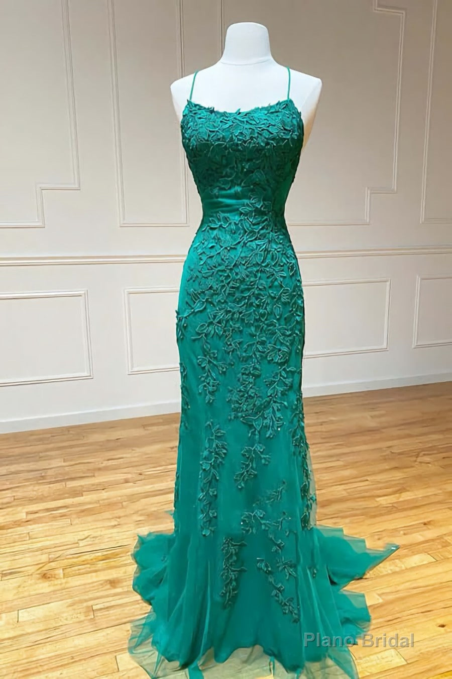 Green Lace Mermaid Backless Spaghetti Straps Prom Dresses, Evening Gown,maxi dresses Main image