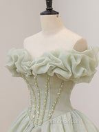 Green Long Formal Prom Dresses, Green Tulle Formal Sweet 16 Dresses with Beading