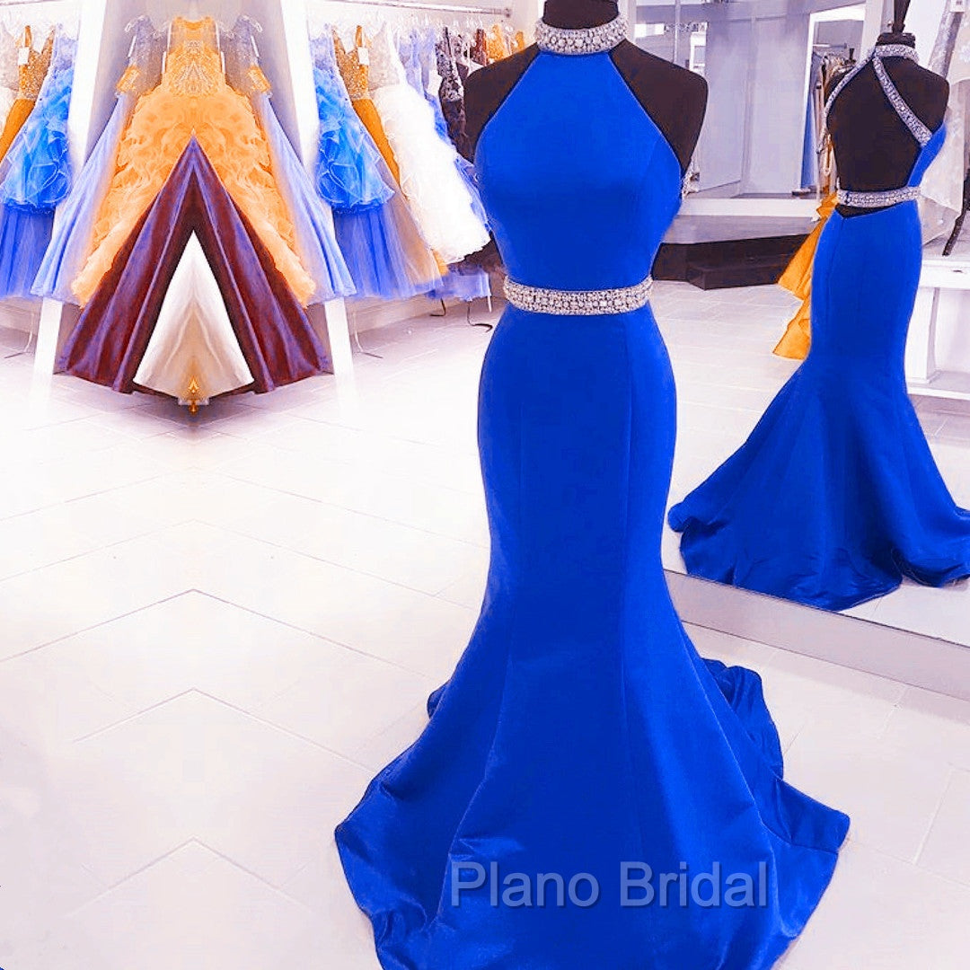 Green Mermaid Halter Formal Prom Dresses Satin Open Back Secondary image