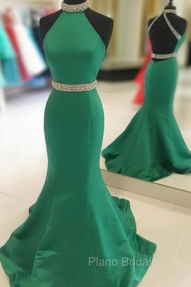 Green Mermaid Halter Formal Prom Dresses Satin Open Back