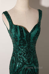 Green Mermaid Long Straps Sequins Long Formal Prom Dresses, Green Mermaid Evening Dresses