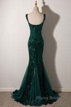 Green Mermaid Long Straps Sequins Long Formal Prom Dresses, Green Mermaid Evening Dresses