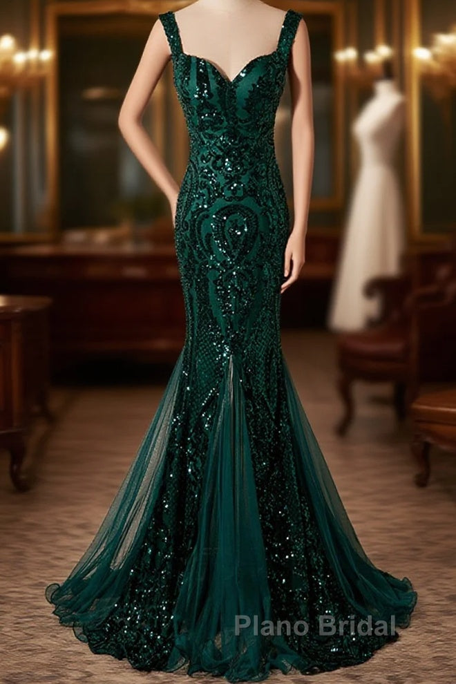 Green Mermaid Long Straps Sequins Long Formal Prom Dresses, Green Mermaid Evening Dresses Main image