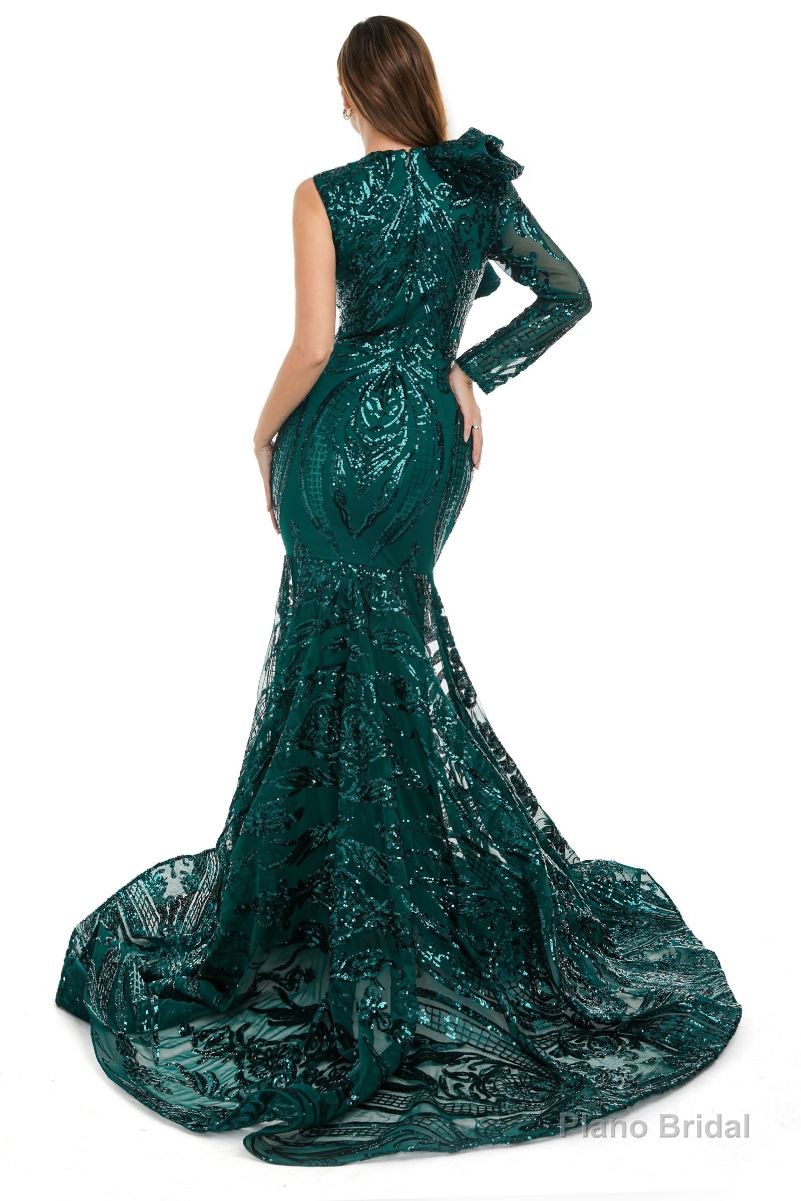 Turquoise Green Mermaid One Sleeve Prom Dresses Sequined Lace Jewel Ruffles Evening Party Dress with Appliques