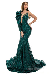 Orange Mermaid One Sleeve Formal Prom Dresses Sequined Lace Jewel Ruffles Evening Party Dress with Appliques
