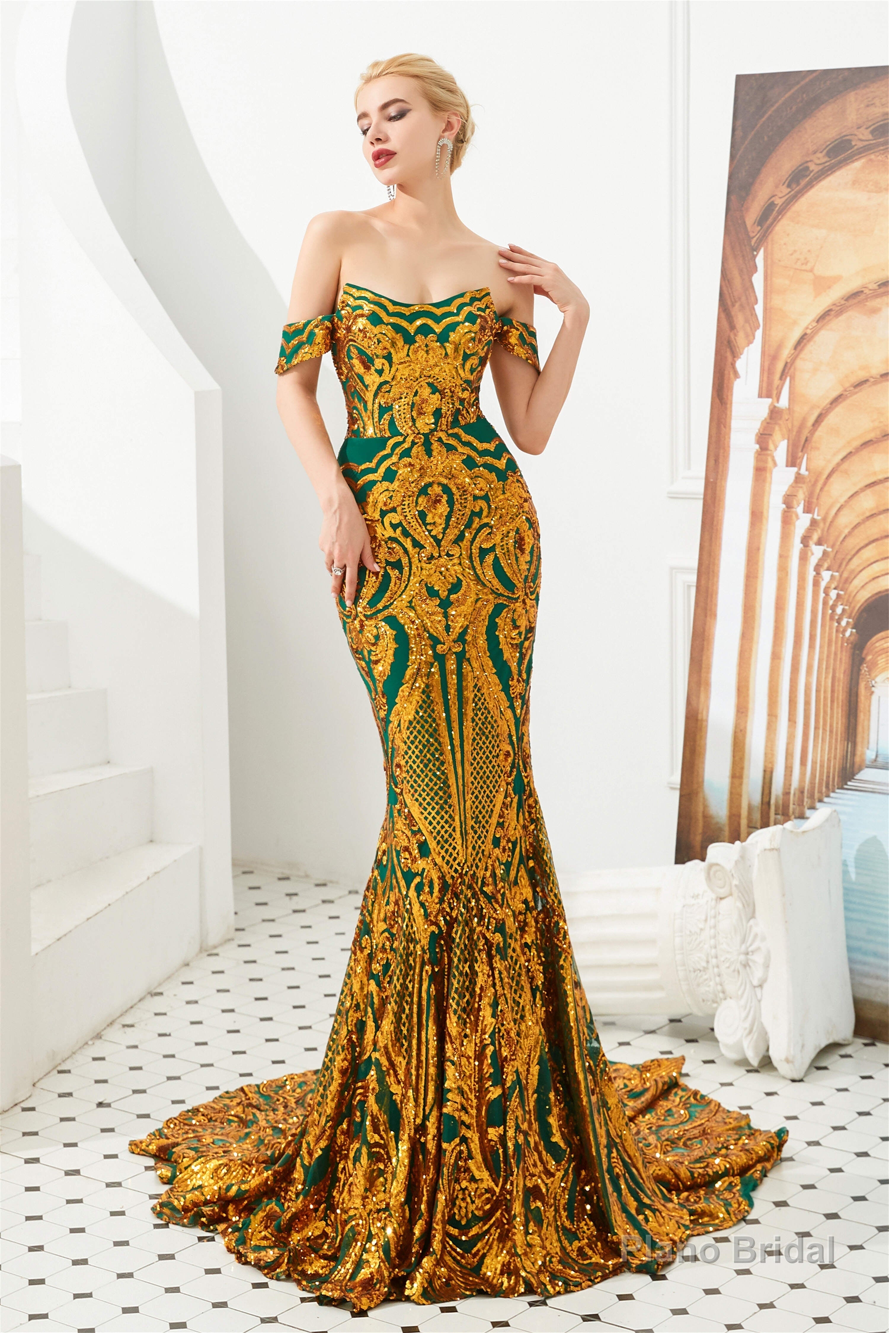 Mermaid Sequined Sheath Off Shoulde Prom Dresses with Fitted Bodice Secondary image