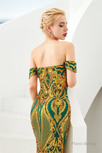 Mermaid Sequined Sheath Off Shoulde Prom Dresses with Fitted Bodice