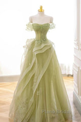 Green Off Shoulder Lace Long Formal Prom Dresses, Green Formal Dresses