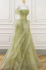 Green Off Shoulder Lace Long Formal Prom Dresses, Green Formal Dresses