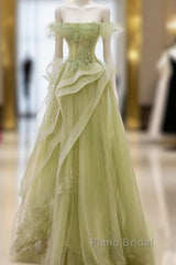 Green Off Shoulder Lace Long Formal Prom Dresses, Green Formal Dresses