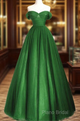 Green Off Shoulder Tulle A-Line Long Party Dresses, Green A-Line Formal Prom Dresses