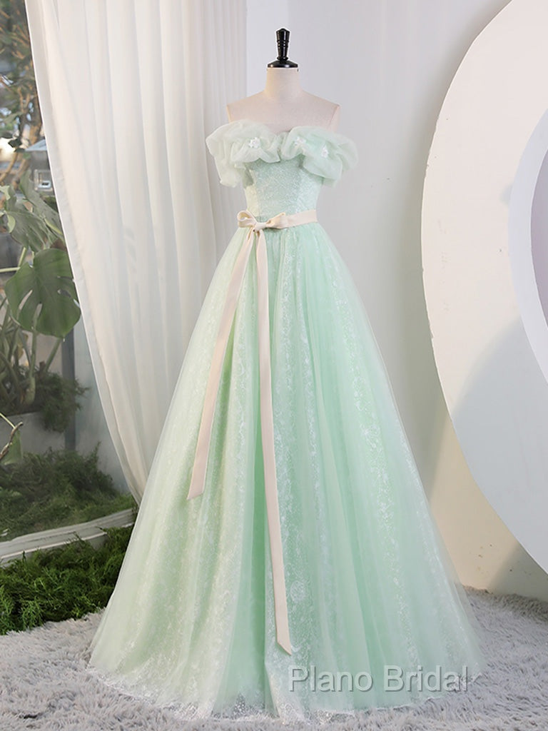 Green Off Shoulder Tulle Green Long Formal Prom Dresses, Green Lace Long Sweet 16 Dresses