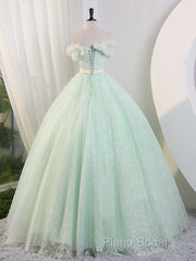 Green Off Shoulder Tulle Green Long Formal Prom Dresses, Green Lace Long Sweet 16 Dresses