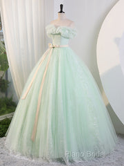 Green Off Shoulder Tulle Green Long Formal Prom Dresses, Green Lace Long Sweet 16 Dresses